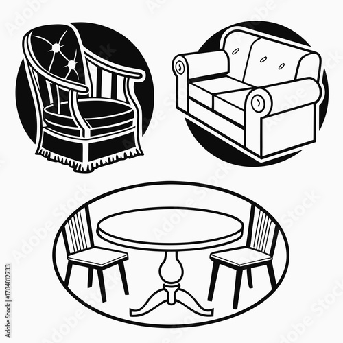 Collection of vintage furniture icons including a chair sofa and dining set