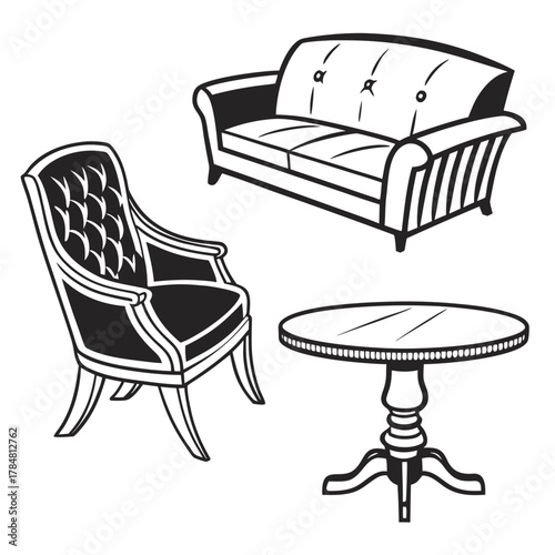 Classic furniture set including sofa armchair and round table illustration