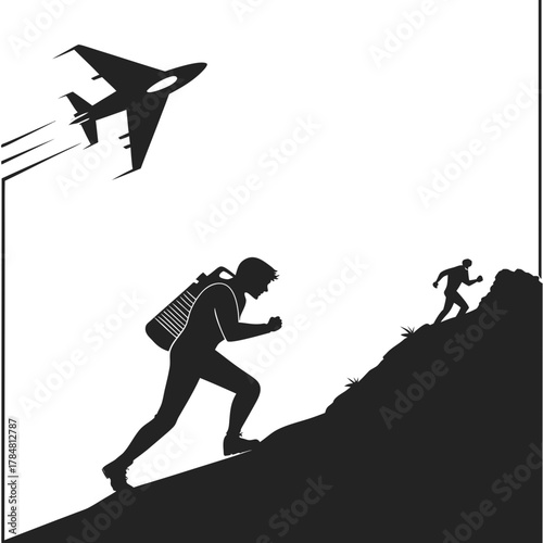 Silhouette of hikers climbing a mountain as a jet flies overhead