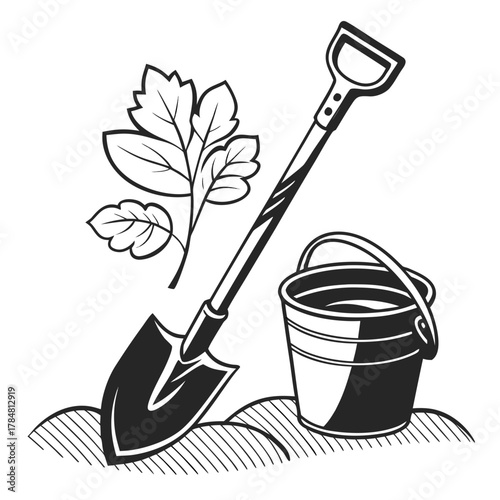 Gardening tools including a shovel a bucket and a plant sprout