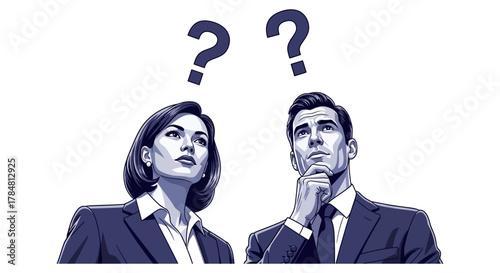 Confused business colleagues considering options looking up in doubt about choices perfect for decisions or problem-solving solutions concept.
