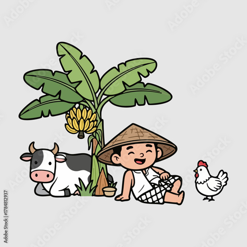 Charming cartoon illustration depicting a happy farmer resting peacefully under a banana tree with his friendly farm animals, a cow and a chicken, in a tranquil rural setting