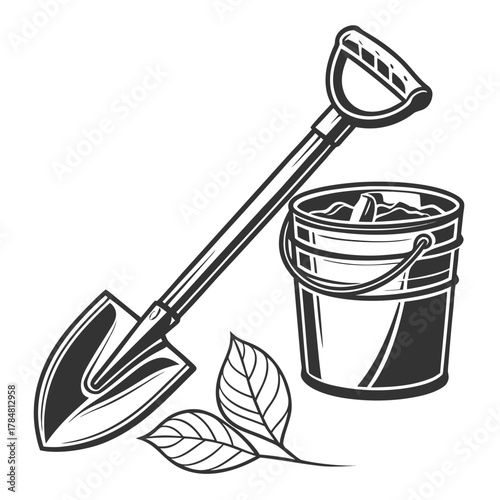 Gardening tools including a shovel and a bucket of soil with leaves
