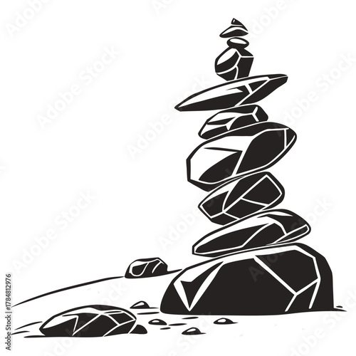Black and white illustration of a balanced stack of stones on a white background