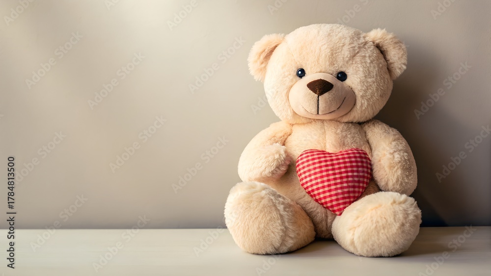 Fototapeta premium A Fluffy Beige Teddy Bear Holding a Red and White Striped Heart Against a Softly Lit Neutral Background