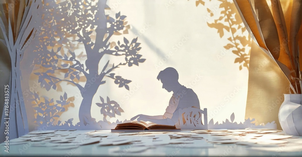 Fototapeta premium Papercraft scene depicts boy reading book near window. Light shines through cutouts creating tree silhouette. Cozy, peaceful ambiance.