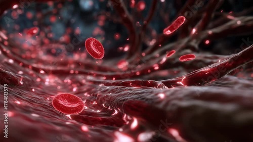 Anatomically accurate artery interior filled with red blood cells in motion, depth and shadow giving sense of 3D space, ideal for biology learning