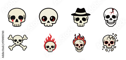 Set of various cartoon skull and crossbones icons with different styles like cute, angry, bloody, fire, and cracked, ideal for Halloween, horror, or toxic designs