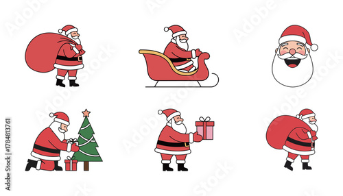 Set of Santa Claus character vector illustrations in various poses and actions like carrying a bag, riding a sleigh, giving a gift, kneeling by the tree, and close-up face