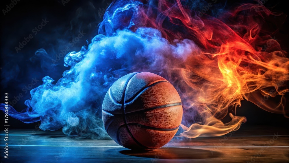 Fototapeta premium Fiery red and blue smoke swirling around a basketball amidst a darkened court
