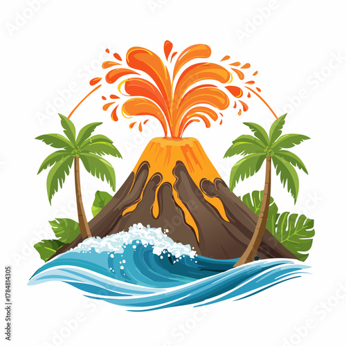 Tropical volcanic eruption illustration with palm trees and ocean waves creating a serene landscape
