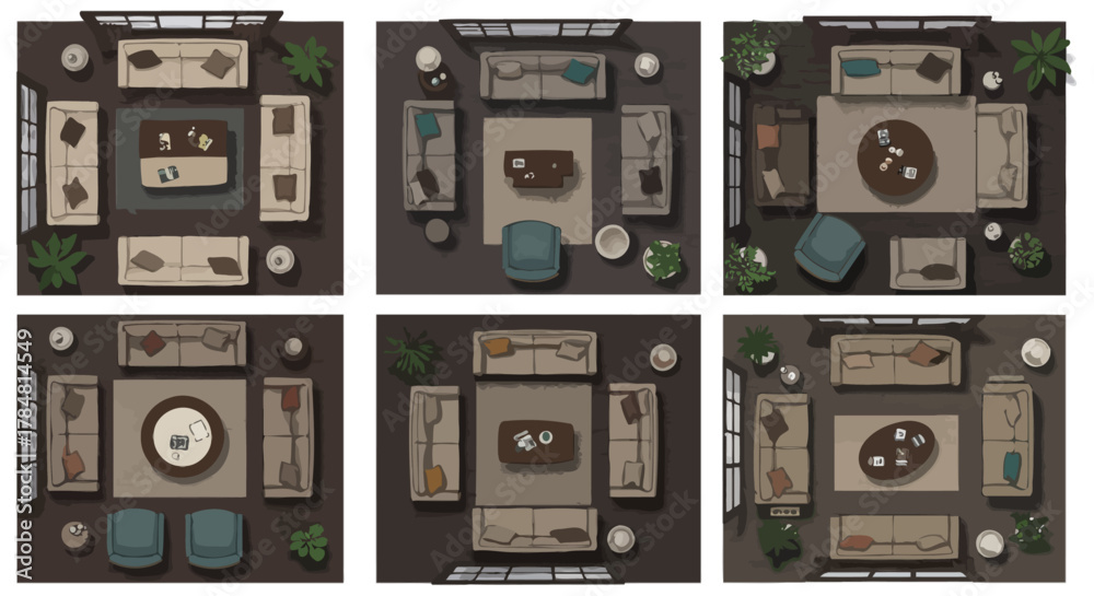 Obraz premium living room layout design showcasing furniture arrangement ideas for modern home decor and interior planning ideal for architectural design and visualization.