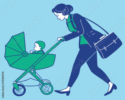 Businesswoman pushing a baby stroller with a briefcase mother working