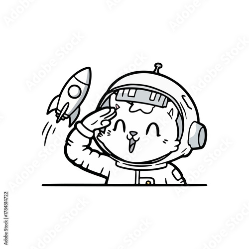 Astronaut Cat Saluting a Rocket A Whimsical Journey to the Stars in Black and White