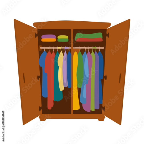 Open wardrobe closet full of clothes dresses shirts and folded towels organized and ready to wear fashion