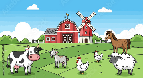 Charming cartoon farm scene with happy animals like cows, goats, chickens, sheep, and horses near a red barn and windmill under a sunny sky