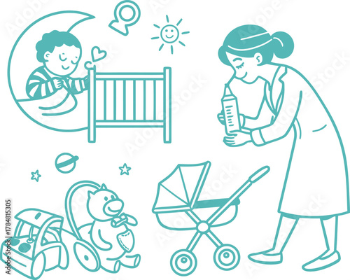Collection of baby care and nursery items with a mother feeding a baby crib cradle