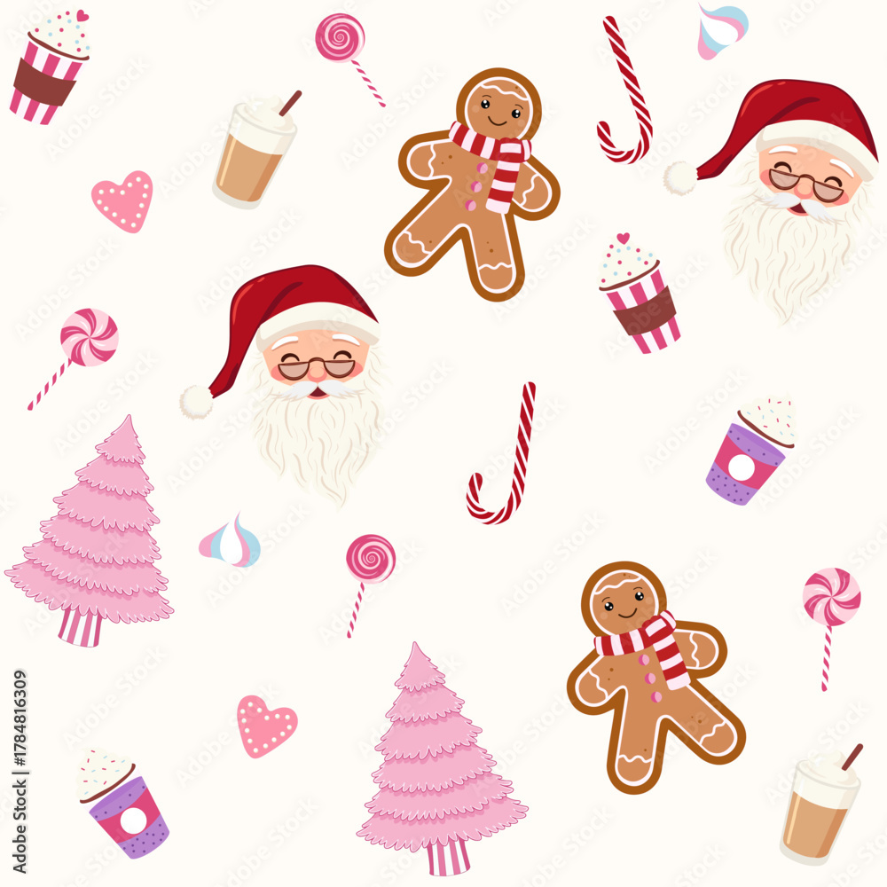 Naklejka premium Cute Christmas Sweets and Characters Pattern