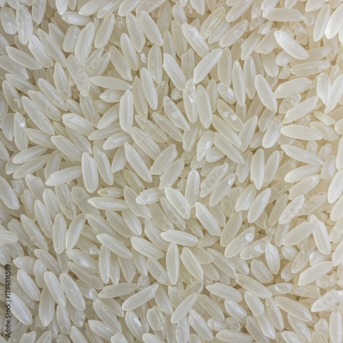 A full frame close up texture of uncooked white rice grains, perfect for food backgrounds or design templates requiring uniform raw material ,cereal ,whole ,cooking