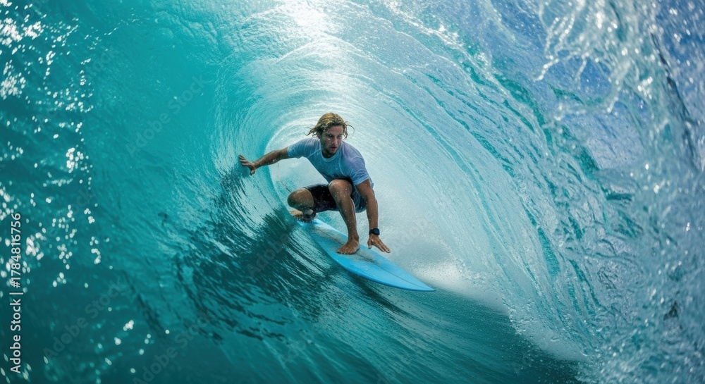 Fototapeta premium Young adult male surfer riding inside a perfect blue ocean wave. Extreme water sports athlete in a powerful barrel tube. Active lifestyle and adventure travel concept with intense focus