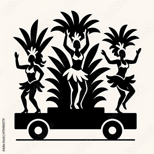 Parade float with dancers in silhouette and large feather headdresses