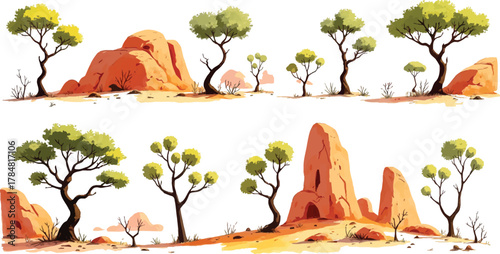Scenic desert landscape featuring rock formations and vegetation watercolor painting