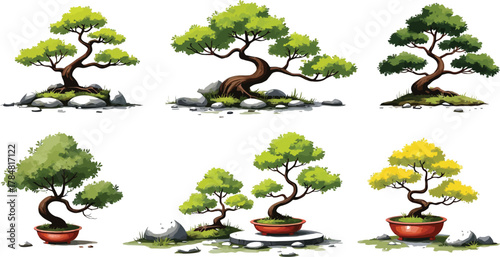 Serene Collection of Bonsai Trees with Green and Golden Foliage Illustrations