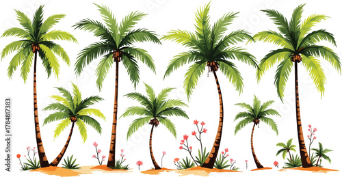 Tropical Palm Trees with Flowers Vector Illustration Set for Summer Vibes