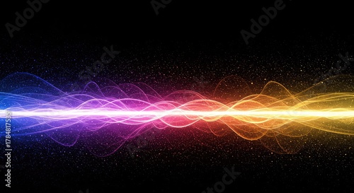 Abstract background showing complex energy waves dispersing through a vibrant spectrum of light and color. Dynamic flowing signal pattern ,colorful ,frequency ,texture