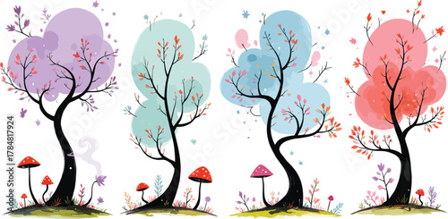 Whimsical Forest of Stylized Trees with Mushrooms and Colorful Foliage