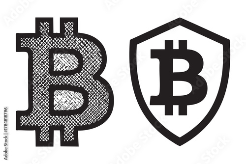 Bitcoin logo in black and white silhouette vector design