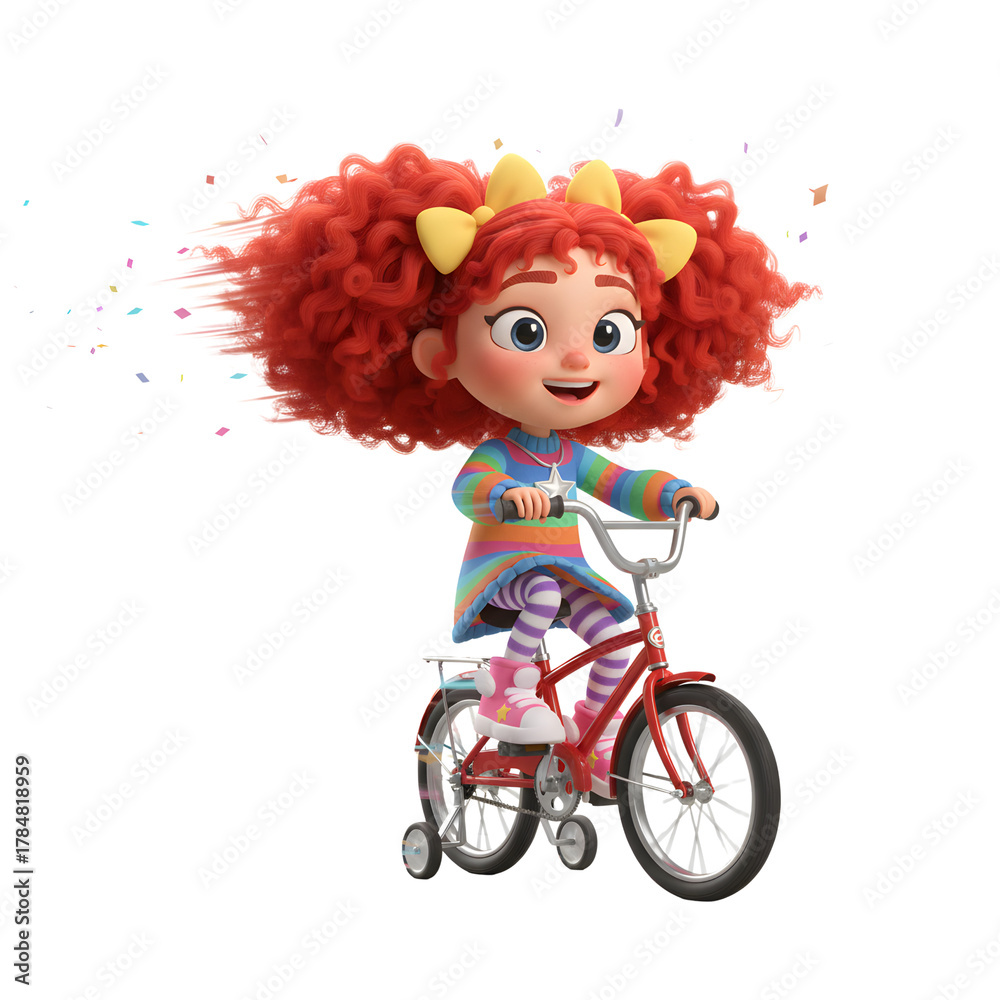 Fototapeta premium Little girl Riding a bicycle, On the move, wind in the hair. 3d girl is wearing colorful winter dress and pink shoes. Cartoon girl has red curly hair. Png cartoon girl character. 