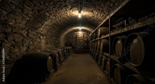 Dark, damp, and dusty subterranean storage space showing rough stone walls, old shelves, and wooden barrels in a chilly atmosphere ,preservation ,cool temperature ,inventory