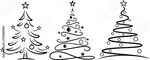 Stylized christmas tree set with stars and baubles vector art
