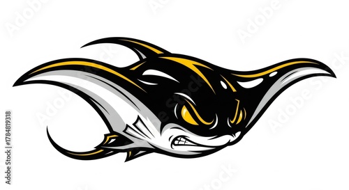 Aggressive Dark Ray with Yellow Accents and Sharp Teeth Graphic Illustration on White Background Sports Team Emblem and Esports Logo Design
