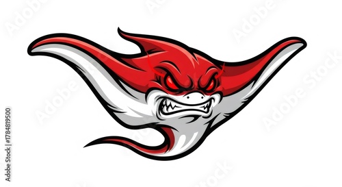 Aggressive Red Stingray Cartoon Mascot with Sharp Teeth and Glowing Red Eyes on White Background