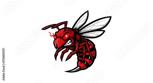 Angry Red and Black Striped Wasp with Glowing Red Eyes on White Background