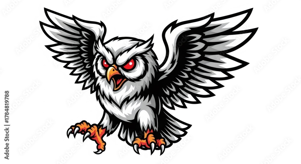Obraz premium Cartoon Owl with White Feathers Red Eyes and Open Beak in Flight with Spread Wings on a White Background