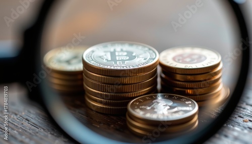 Extreme macro photography of stacked cryptocurrency coins on wooden surface close-up view financial concept