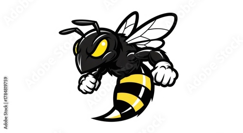 Cartoon Illustration of a Dynamic Black and Yellow Wasp on a Clean White Background Vector Image
