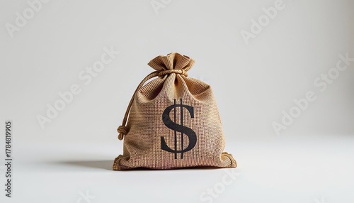 Minimalist product style shot of a dollar sign bag studio photography neutral background close-up wealth concept