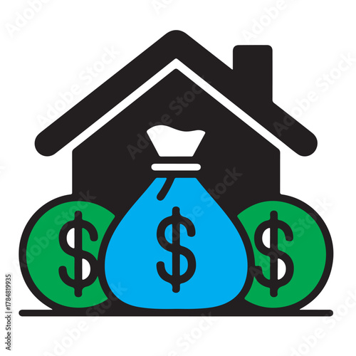 Money bag and coins in front of house isolated on white background