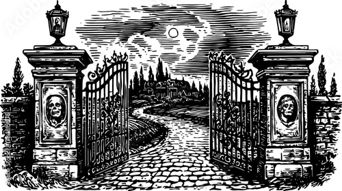 Ornate gate entrance in a vintage illustration style. Moonlit landscape with cobblestone path, depicted as a black and white vector illustration.