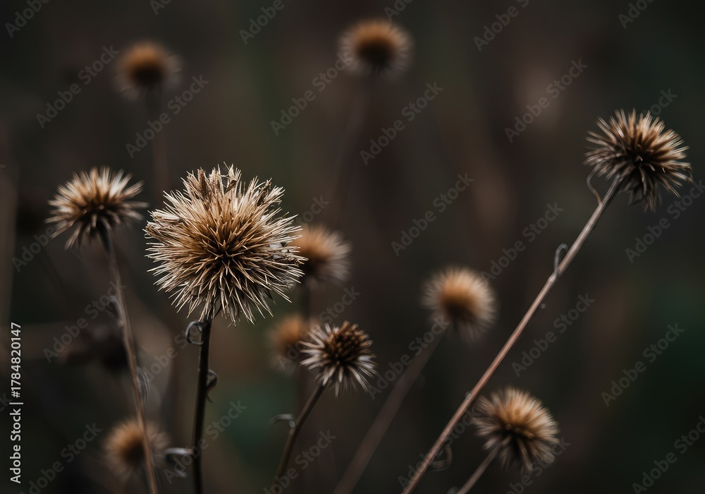 Obraz premium Fading garden flowers and dried seed heads capture the beauty of the late autumn season as plants go dormant for the winter months ,macro ,end of season ,garden