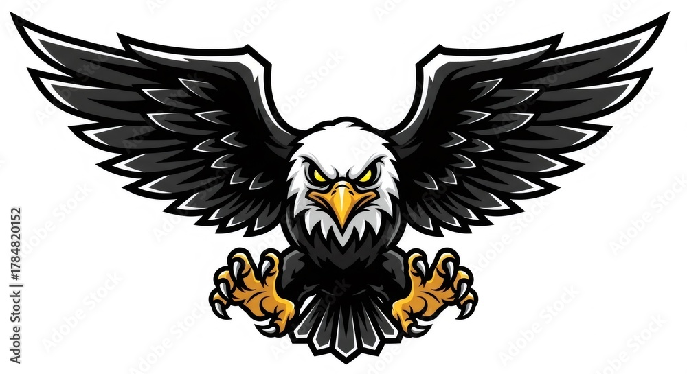 Obraz premium Majestic American Bald Eagle Mascot Cartoon with Spread Wings and Talons on White Background