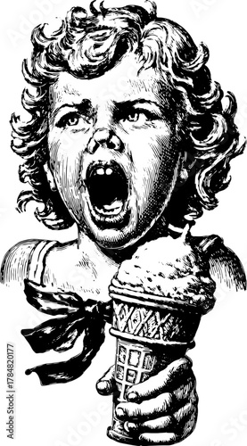 Vintage illustration of a girl screaming while holding an ice cream cone. This monochrome vector illustration captures a childhood expression.