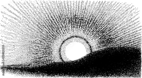 Sunrise over a mountain landscape. A black and white vector illustration showcasing natural scenery with clear shapes and outlines.