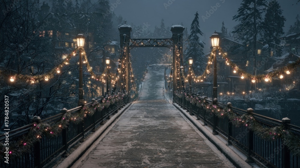 Fototapeta premium snow-covered bridge with Christmas garlands and glowing street lamps,