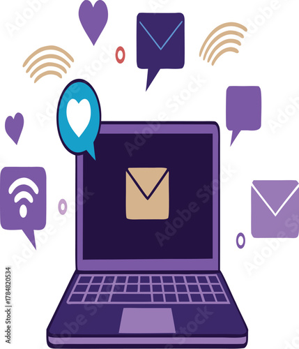 Laptop with Email and Social Media Icons – Digital Communication Vector Illustration