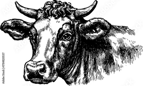 Vintage cow illustration in black and white outline. Detailed vector illustration captures the realistic profile of the animal for graphic use.